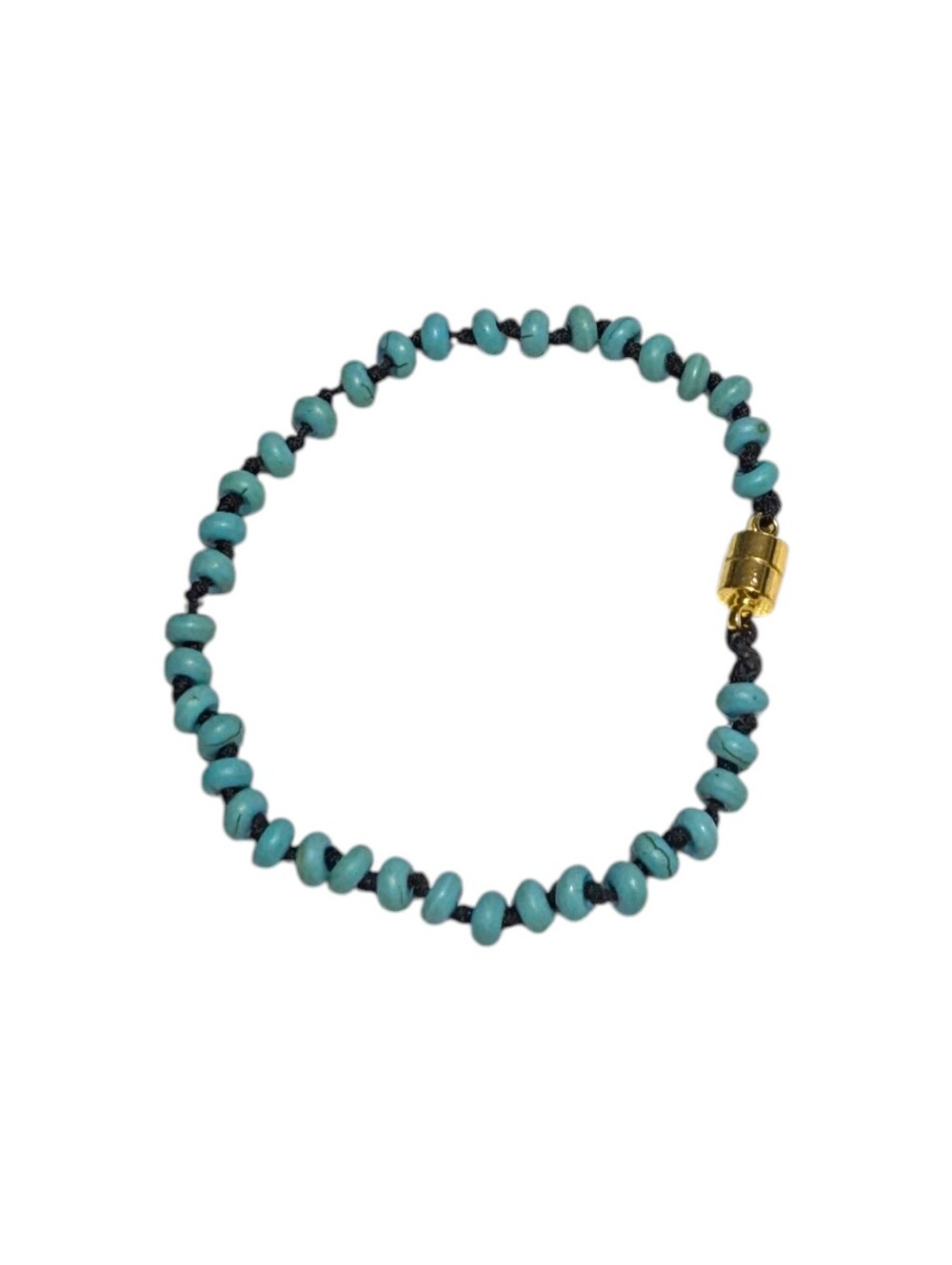 African Turquoise Bead Bracelet Handknotted • Gold Tone Magnetic Clasp